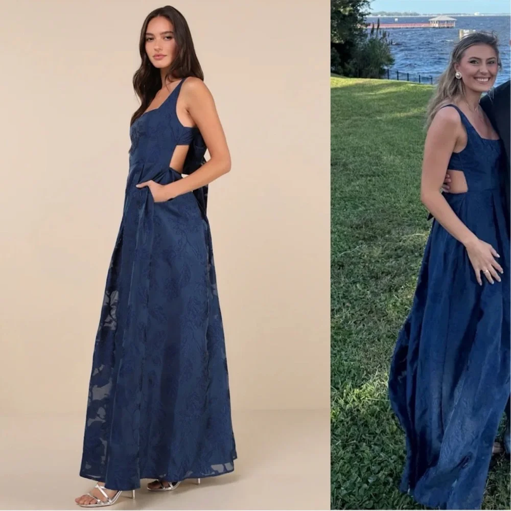 Navy Jacquard Tie-Back Full-Skirt Maxi Dress with Pockets 🌿 - Picture 7 of 12